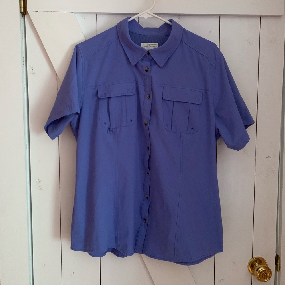 Purple Button Down Short Sleeve Collared Women's Fishing Shirt Two Pocket